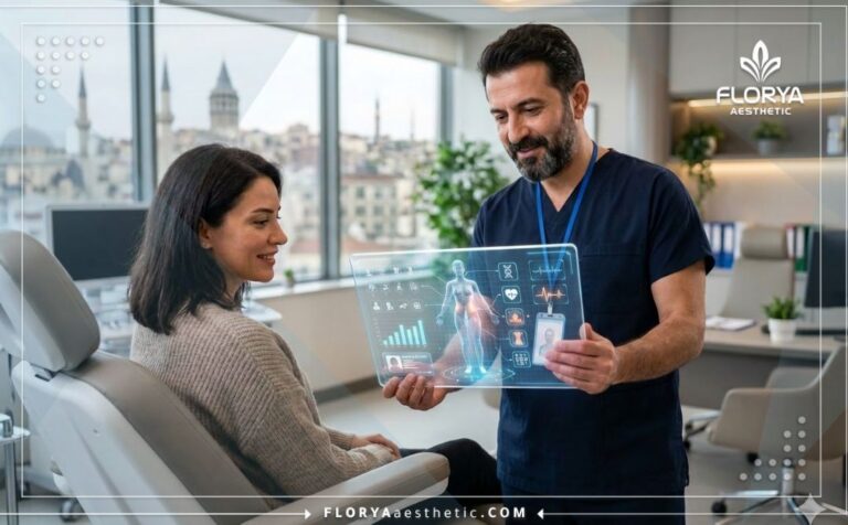 Doctor discussing the Features of J-Plasma Body Sculpting in Turkey using a transparent digital tablet.