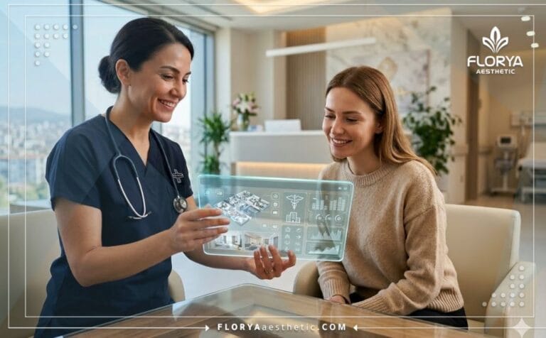Professional doctor discussing a treatment plan at Female Aesthetic Hospitals in Turkey using smart tech.