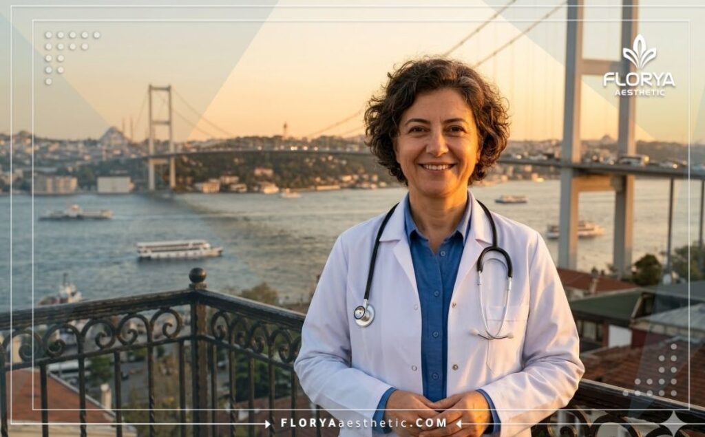 Smiling medical specialist welcoming patients with the Bosphorus Bridge of Istanbul in the background.