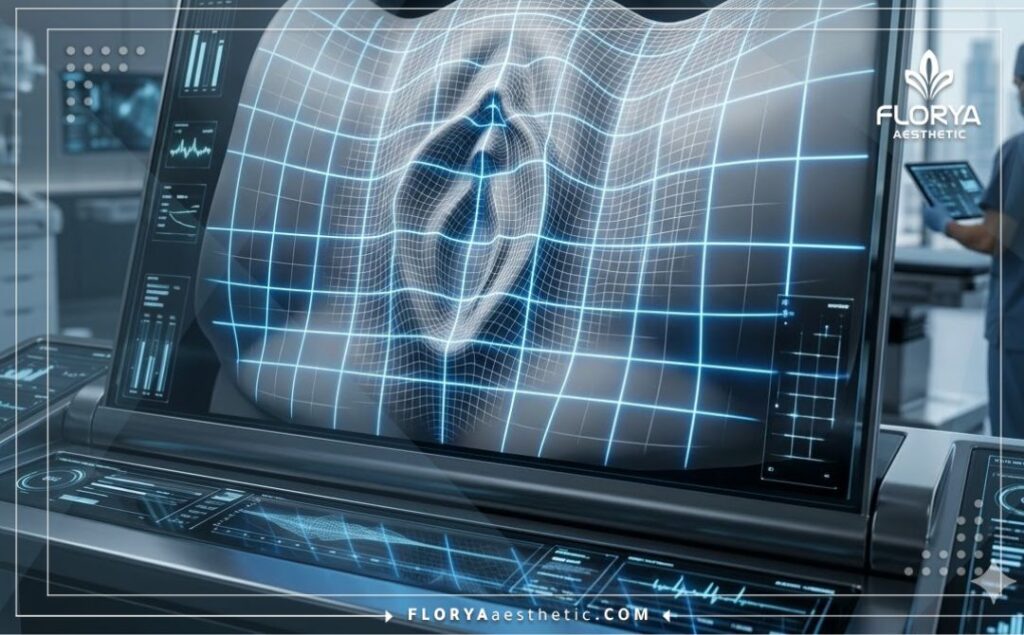 Macro 3D surface scan with a neon grid visualizing high-tech aesthetic precision.