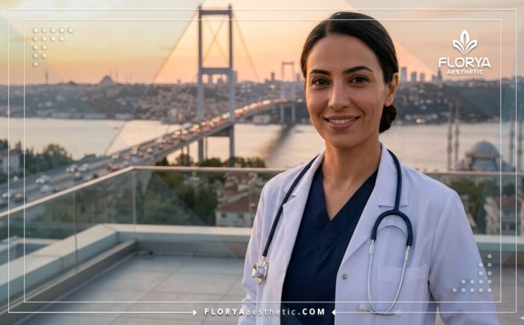 Friendly eye surgeon standing in front of the Bosphorus Bridge in Istanbul