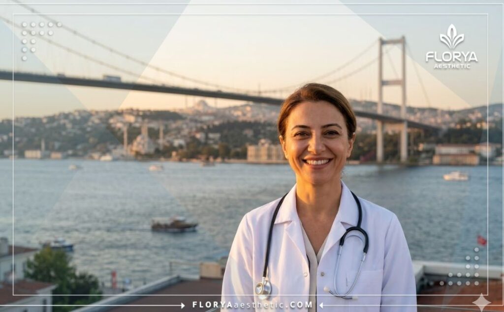 طبيب تجميل مبتسم يرحب بالمرضى في اسطنبول أمام جسر البوسفور