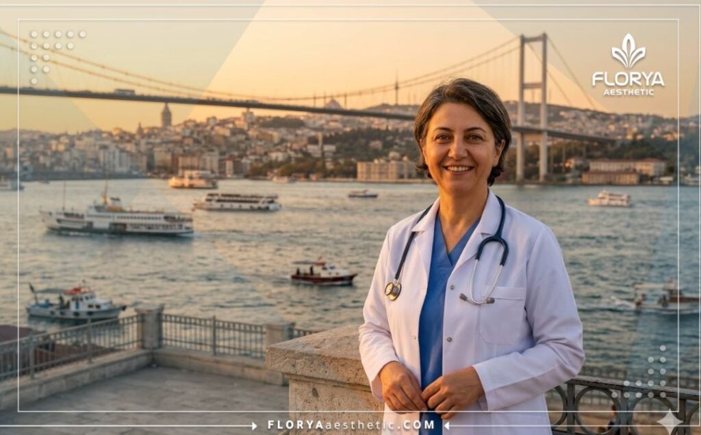 جراح تجميل مبتسم يرحب بالمرضى مع خلفية رائعة لمعالم مدينة إسطنبول.