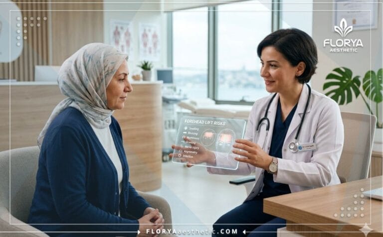 Professional doctor discussing Forehead Lift Risks in Turkey using advanced digital planning technology.