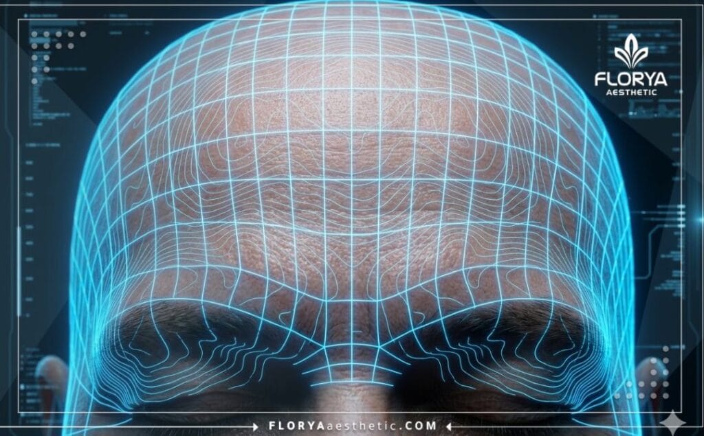 Scan 3D de la surface du front montrant la précision technologique médicale pour le haut du visage.