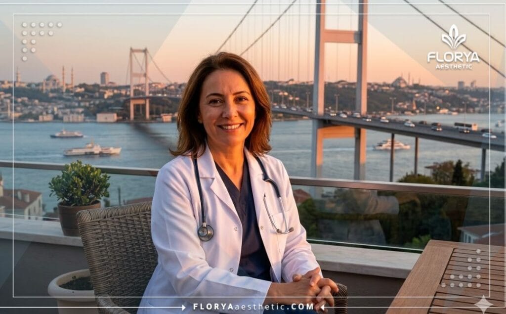 Médecin souriant et accueillant devant le célèbre pont du Bosphore à Istanbul.