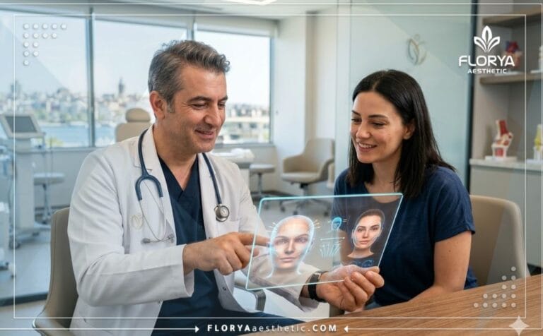 Chirurgien discutant du Lifting frontal en Turquie avec une interface numérique.