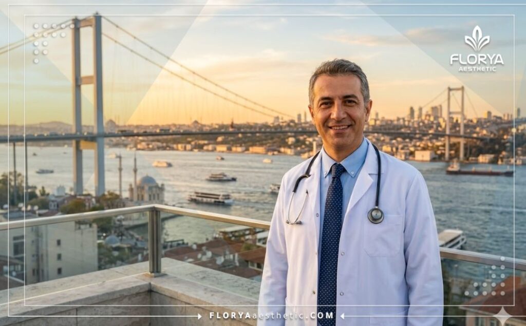 Médico profesional saludando en Estambul con el Bósforo de fondo.