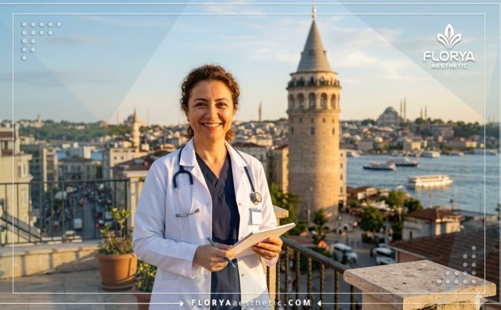 Doctor sonriente dando la bienvenida con vistas a Estambul al fondo