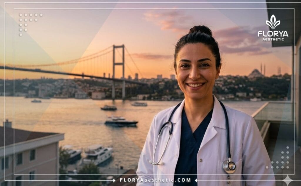 طبيب ودود يرحب بالمرضى في اسطنبول مع خلفية جسر البوسفور
