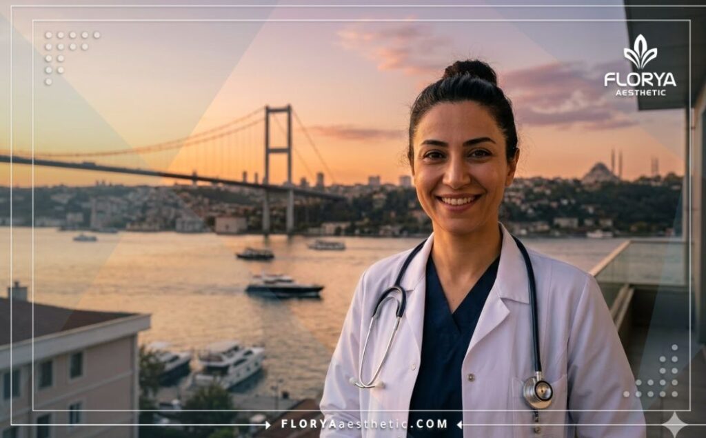 Friendly gynecologist standing in front of the Bosphorus Bridge in Istanbul.
