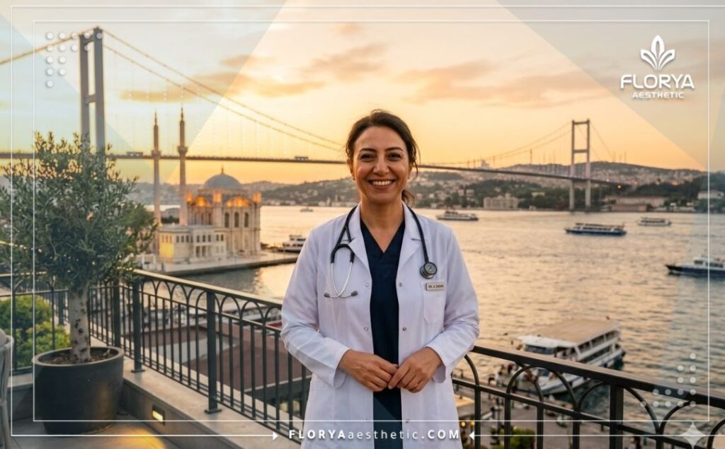 Приветливый врач встречает пациента на фоне Стамбула