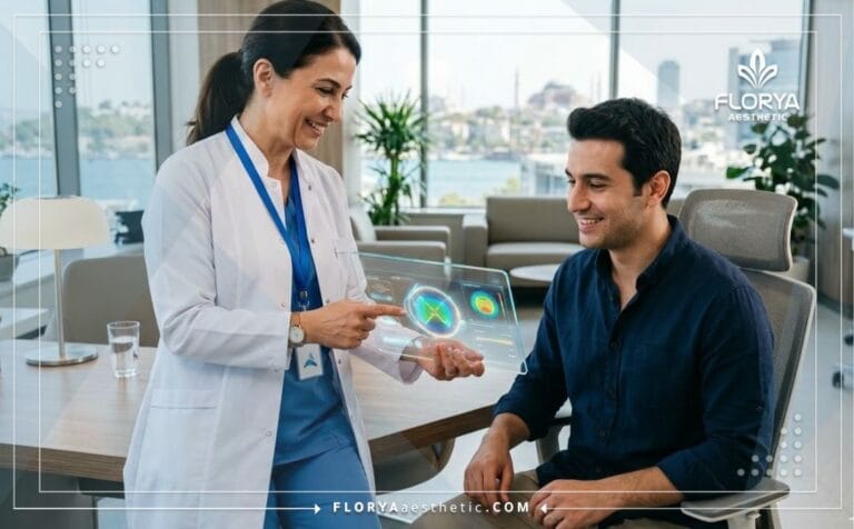 Professional doctor showing an HD LASIK in Turkey treatment plan on a highly advanced digital tablet.