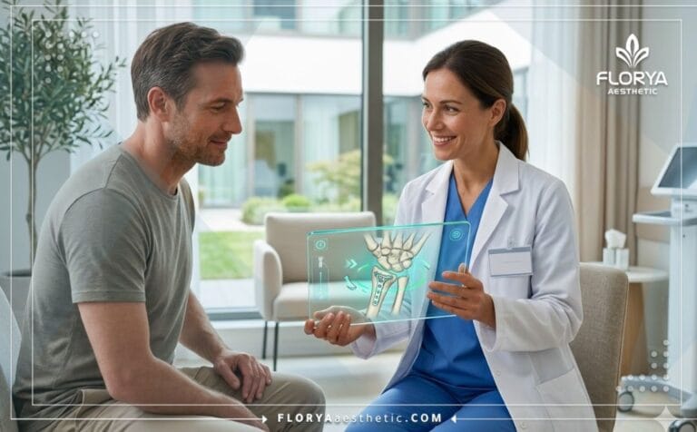 Professional doctor holding a futuristic transparent tablet explaining the digital plan for Hardware Removal Surgery.