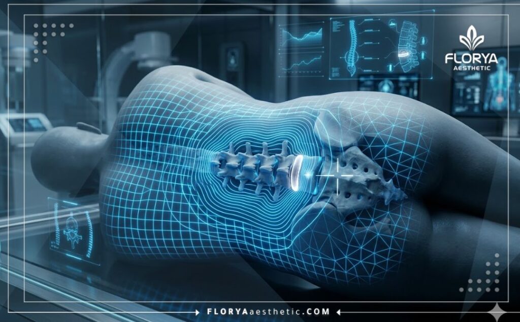 مسح ثلاثي الأبعاد دقيق لمنطقة العمود الفقري يوضح التقنيات الطبية المتقدمة لتحديد مكان الديسك.