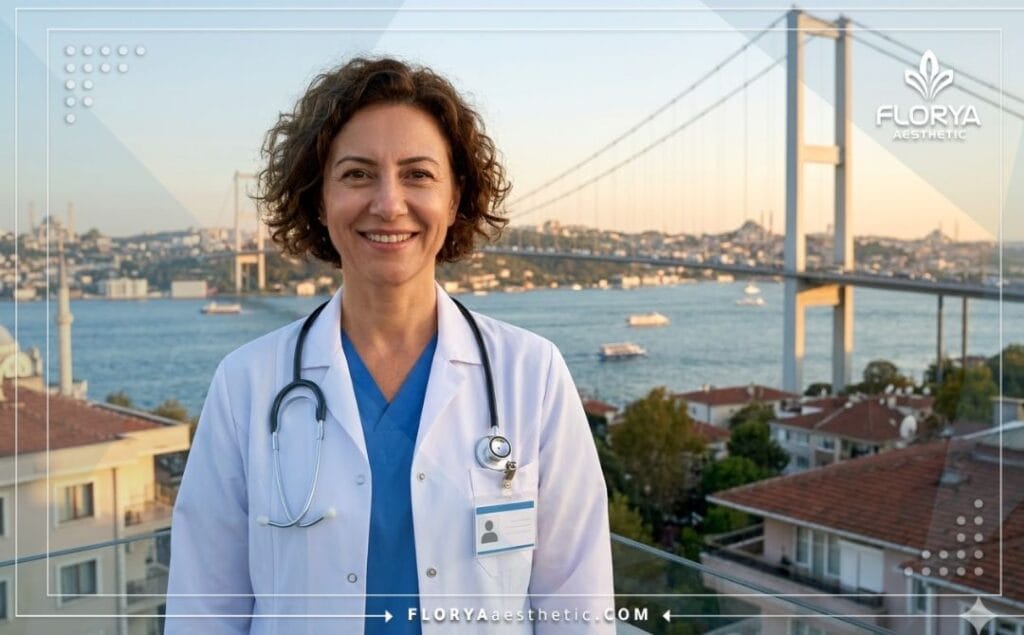 Médico sonriente dando la bienvenida en Estambul.