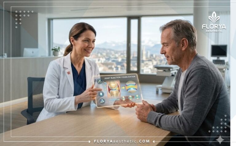Professional orthopedic doctor explaining Hyaluronic Acid Joint Injections using a digital tablet.