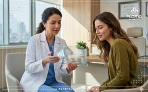 : Médecin expert expliquant le Prix de l'hyménoplastie en Turquie sur une tablette numérique.