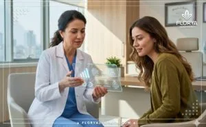 طبيب محترف يشرح أسعار ترميم الغشاء في تركيا للمريضة باستخدام جهاز لوحي متطور.