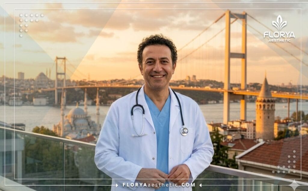 Médico especialista amigable dando la bienvenida en Estambul con un paisaje icónico de fondo.