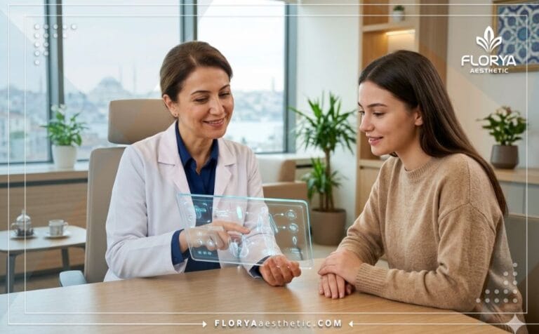 Professional medical specialist explaining the Hymenoplasty in Turkey procedure using advanced digital tablet technology.