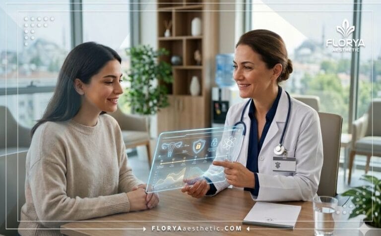 Doctor explaining Hymenoplasty privacy in Turkey using a transparent digital tablet