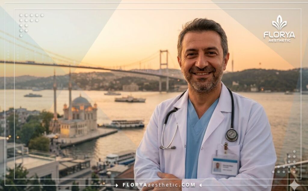 Friendly surgeon in Istanbul with the Bosphorus Bridge background.