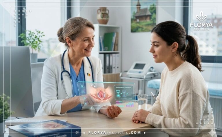 Médecin expliquant l'hyménoplastie avec fils résorbables sur tablette.