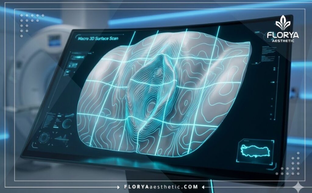 High-tech 3D topographical mesh illustrating precision in female anatomical digital planning.