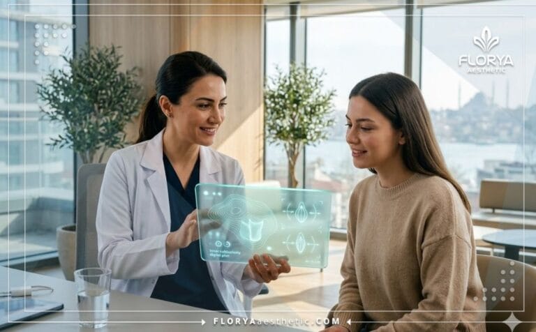 Professional doctor outlining the Inner Labiaplasty in Turkey procedure using an advanced transparent digital tablet.