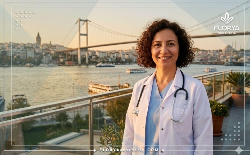 طبيب يرحب بالمرضى في اسطنبول مع إطلالة على جسر البوسفور.