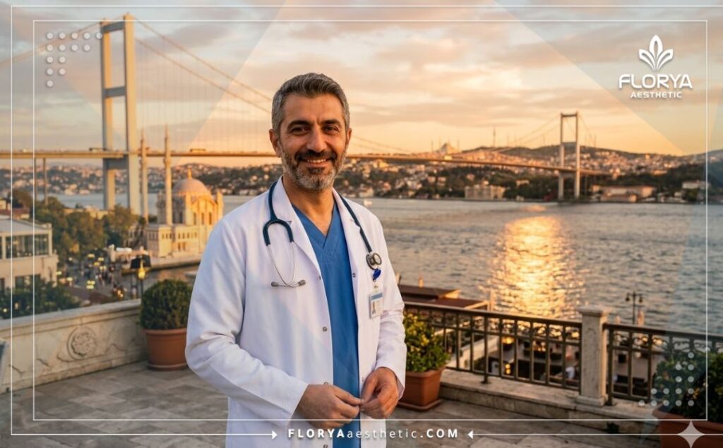 Médecin accueillant à Istanbul devant le célèbre pont du Bosphore