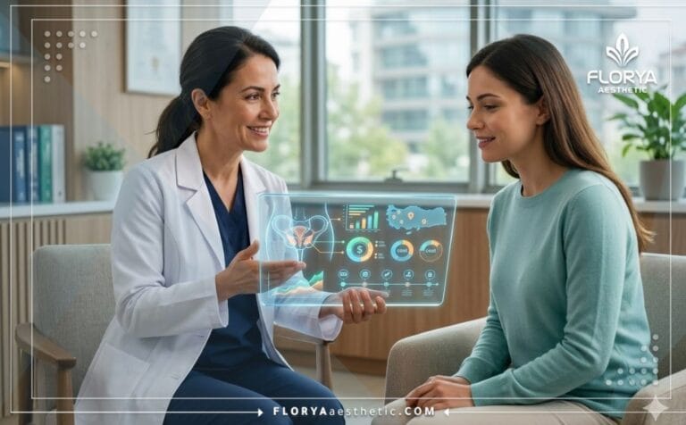 Médecin expliquant le Coût de la vaginoplastie en Turquie sur une tablette.