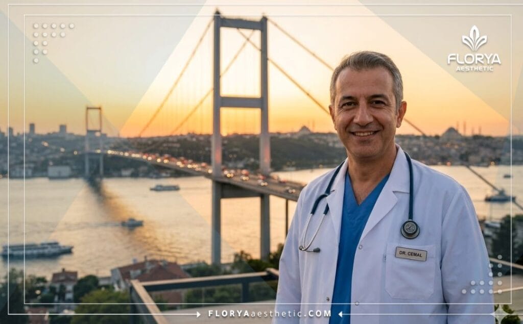 Doctor sonriente y confiable en Estambul con el hermoso puente del Bósforo de fondo.
