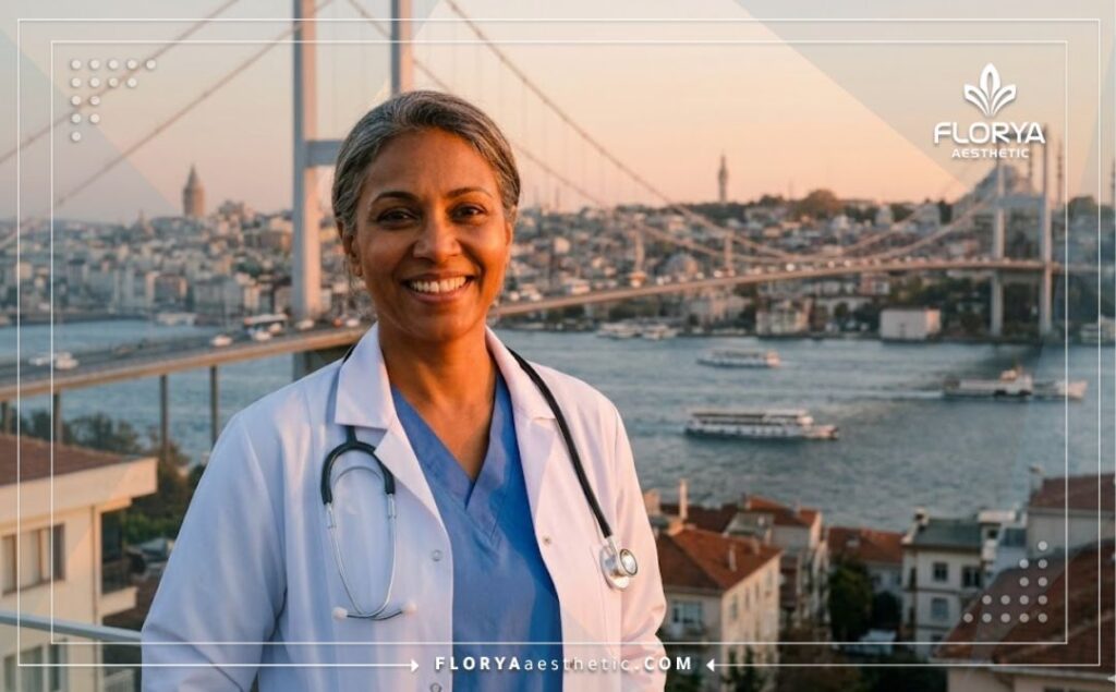 Приветливый офтальмолог на фоне моста через Босфор в Стамбуле