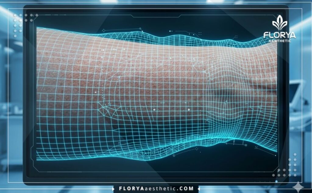 : High-tech digital 3D mesh surface scan highlighting targeted areas for non-surgical skin tightening