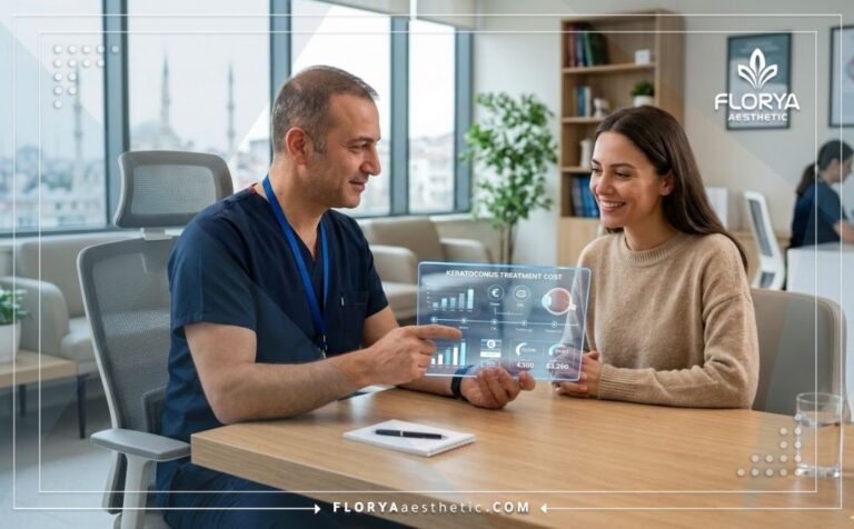 طبيب يشرح تفاصيل تكلفة تصحيح تحدب القرنية في تركيا للمريض باستخدام جهاز لوحي ذكي.