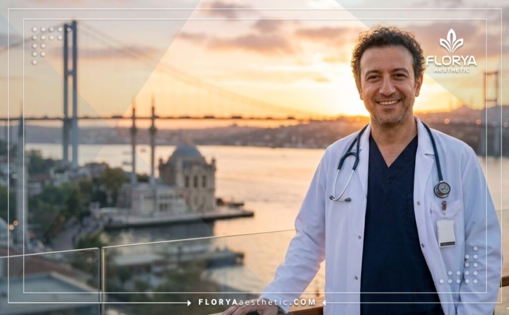 طبيب عيون يرحب بالمرضى في اسطنبول مع ظهور معلم سياحي في الخلفية