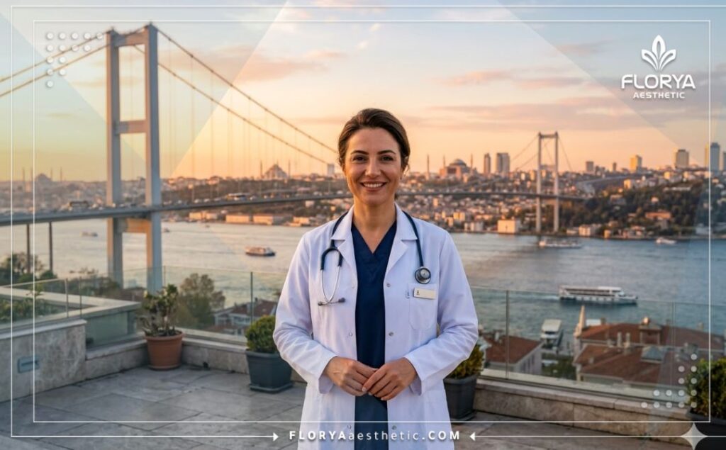 Приветливый врач в Стамбуле на фоне известной достопримечательности.