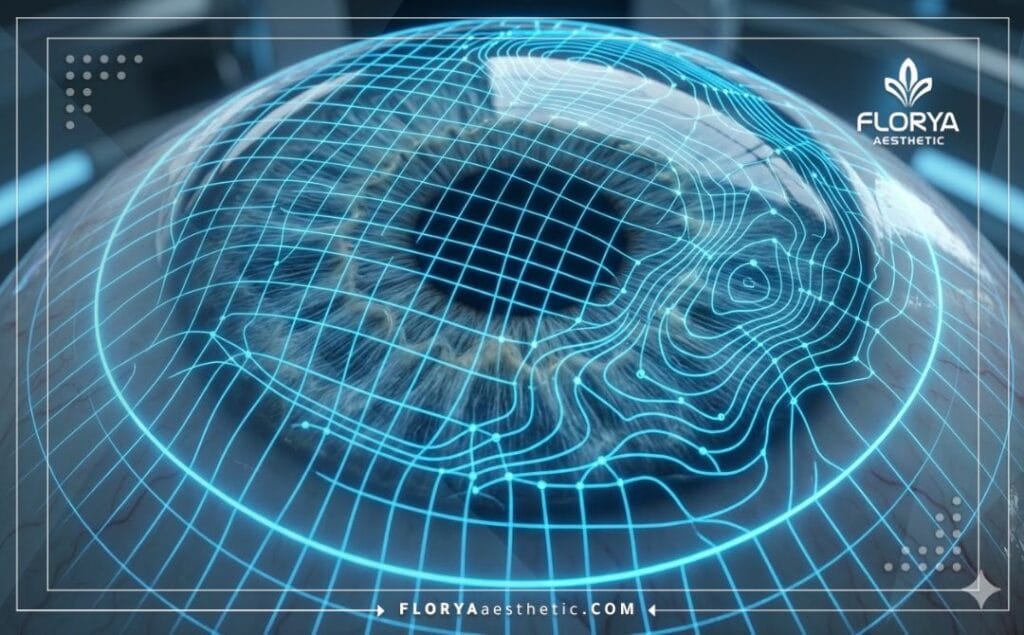 High-tech 3D macro scan of a human eye with a laser grid showing vision correction precision.