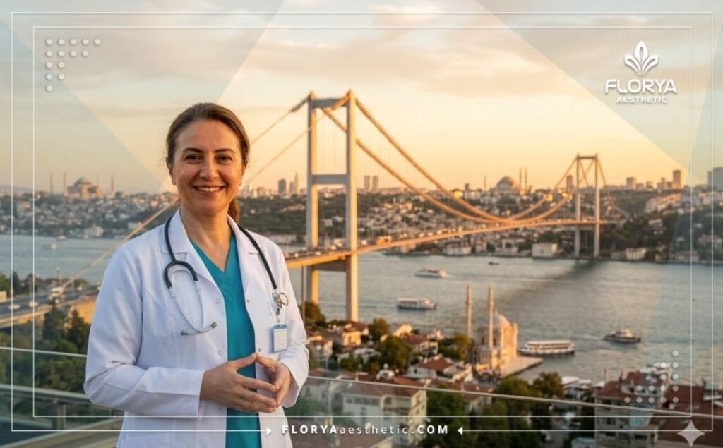 Friendly ophthalmologist standing in front of the Bosphorus Bridge in Istanbul welcoming patients