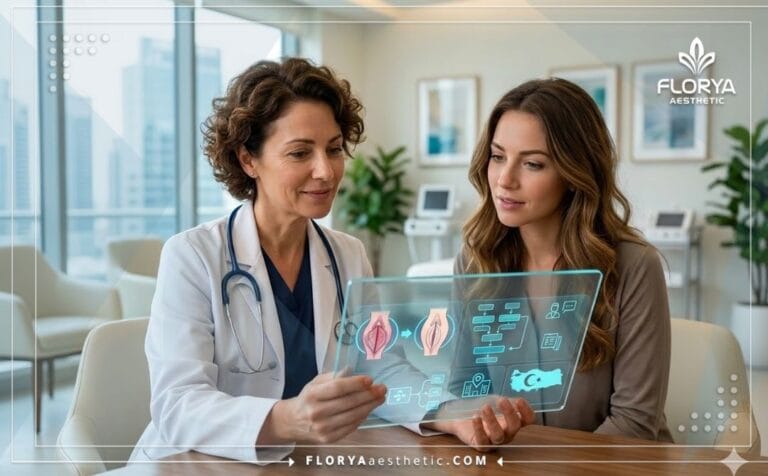 Professional doctor discussing Labia Asymmetry Treatment in Turkey using a transparent digital tablet