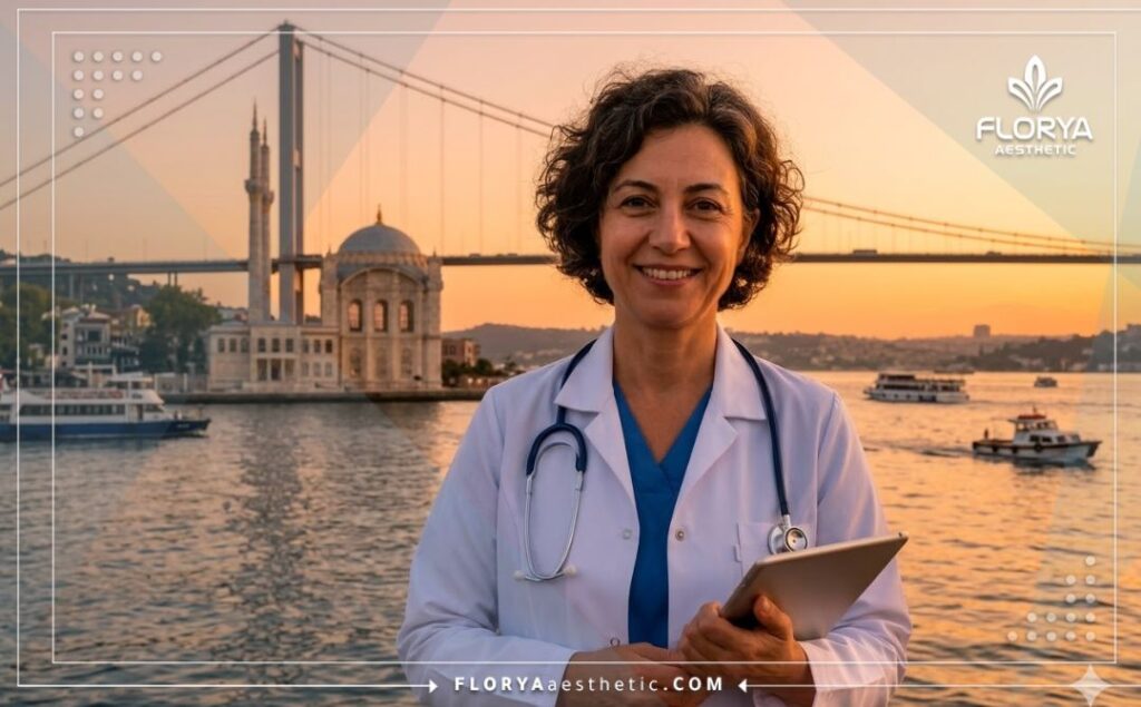 Médico amable dando la bienvenida a los pacientes con la ciudad de Estambul de fondo.