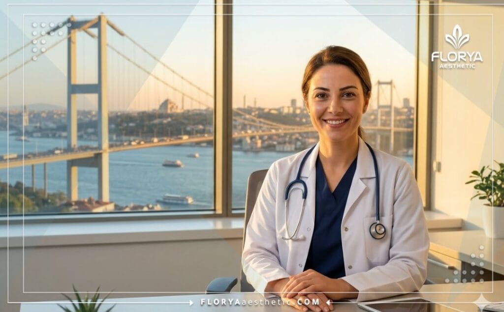 Friendly aesthetic doctor in Istanbul with Galata Tower in the background