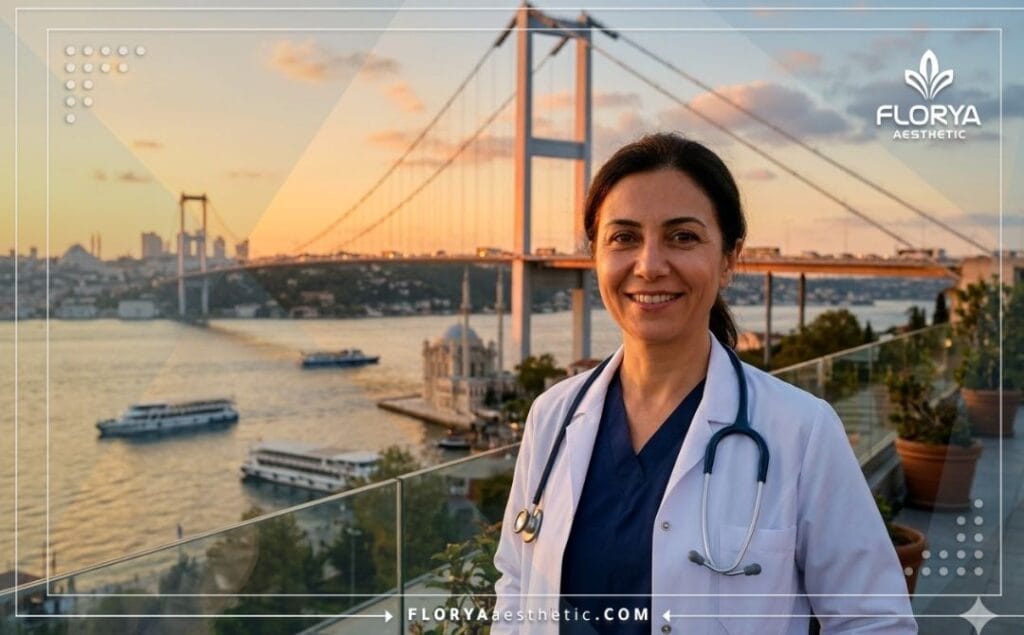 طبيب يبتسم ويرحب بالمريضات في عيادة باسطنبول مع إطلالة على مضيق البوسفور.