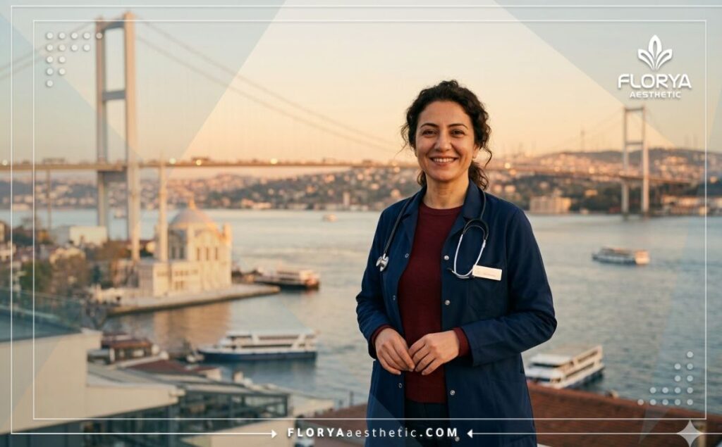 Doctor amable dando la bienvenida a los pacientes en Estambul al atardecer