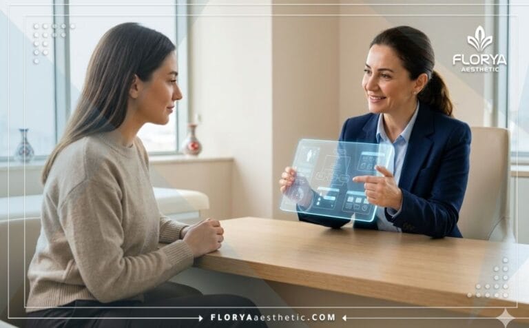 Professional surgeon explaining a Labiaplasty in Turkey treatment plan using a futuristic transparent tablet.
