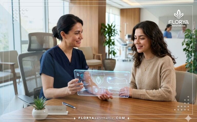 Expert doctor discussing the Labiaplasty in Turkey treatment plan using a transparent digital tablet.