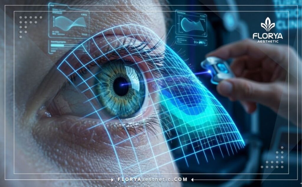 Advanced 3D topographic scan of the human eye and cornea demonstrating laser precision.