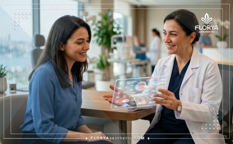 Professional doctor discussing Laser Eye Surgery Packages in Turkey using a futuristic transparent tablet.
